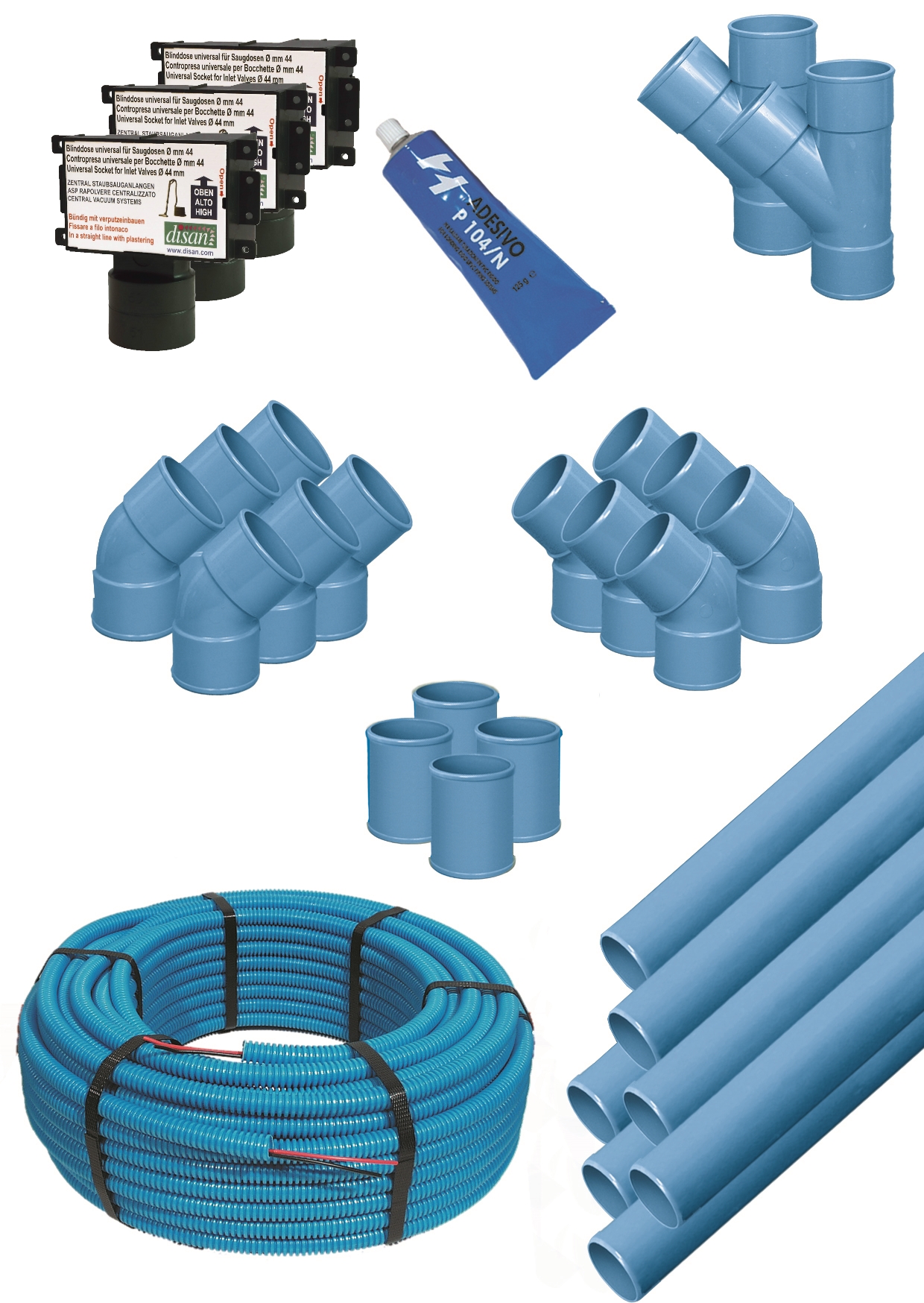 Kit with 3 rectangular backup boxes PVC tubes and fittings